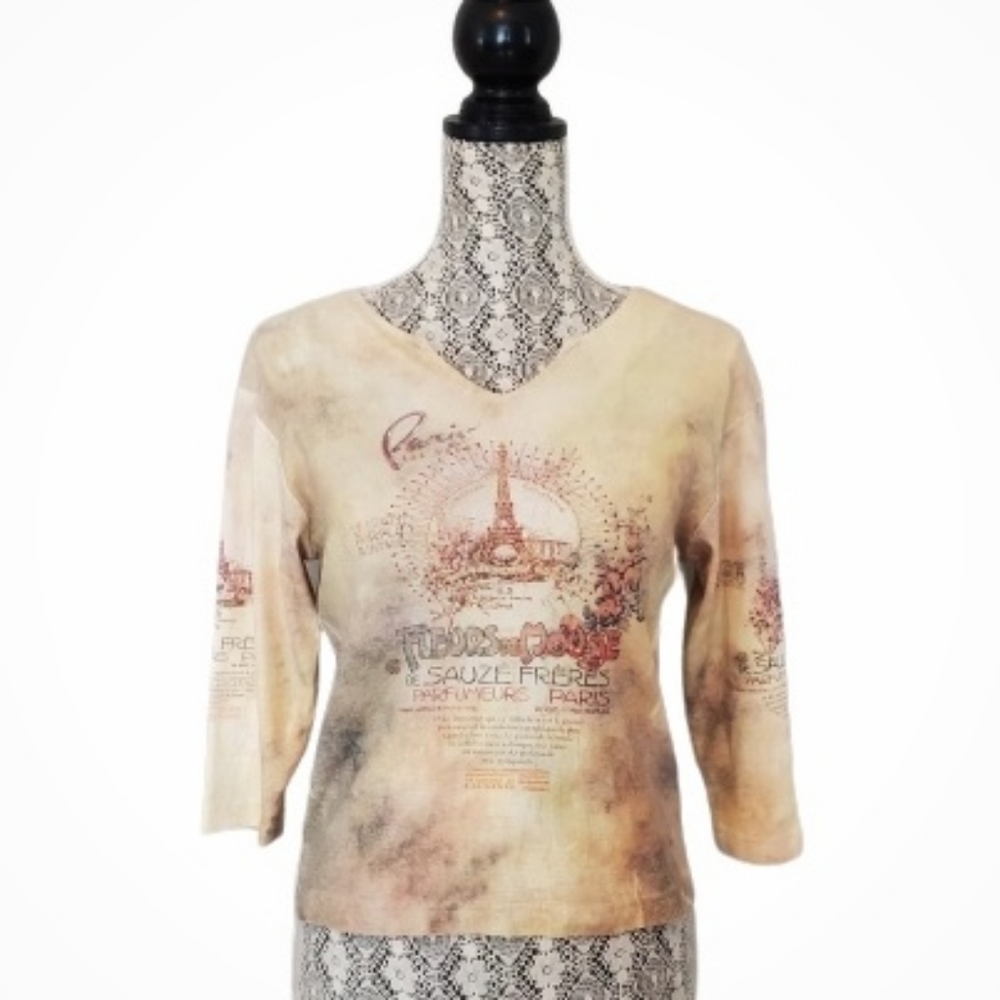 Vintage Paris Eiffel Tower Graphic 3/4 Sleeve Top